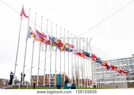 All European Union Flag Flies At Half-mast In Front Of The Council Of Europe
