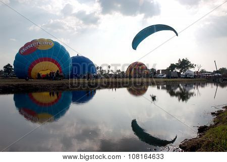 Hot Air Balloon Show On Ancient Temple In Thailand International Balloon Festival 2009.