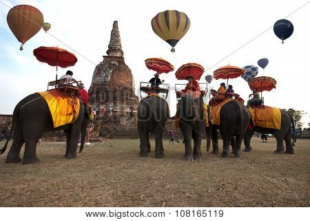 Hot Air Balloon Show On Ancient Temple In Thailand International Balloon Festival 2009.