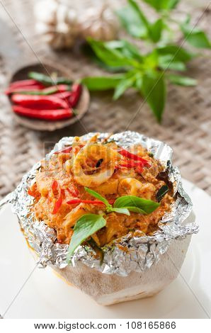 Thai Food, Steam Seafood With Curry Paste Cakes In Coconut Shell (haw Mok Thalay)