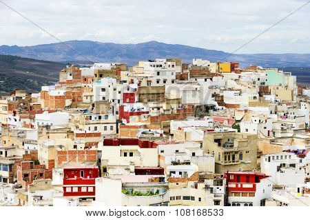 Aerial view of Moulay Idriss, the holy town in Morocco, named after Moulay Idriss I, arrived in 789 bringing the religion of Islam