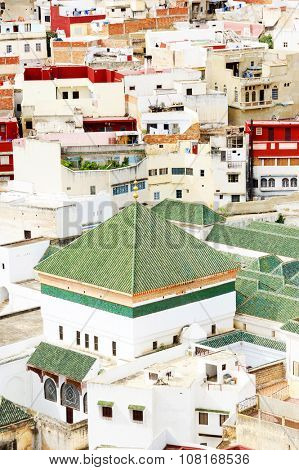 Aerial view of Moulay Idriss, the holy town in Morocco, named after Moulay Idriss I, arrived in 789 bringing the religion of Islam