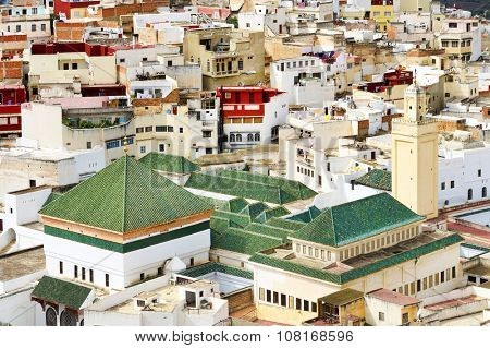 Aerial view of Moulay Idriss, the holy town in Morocco, named after Moulay Idriss I, arrived in 789 bringing the religion of Islam
