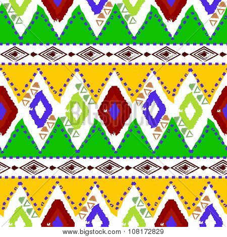 Hand Drawn Tribal Ethnic Colorful Seamless Pattern On White Background