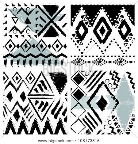 Sat Of Four Black And White Hand Drawn Tribal Seamless Patterns