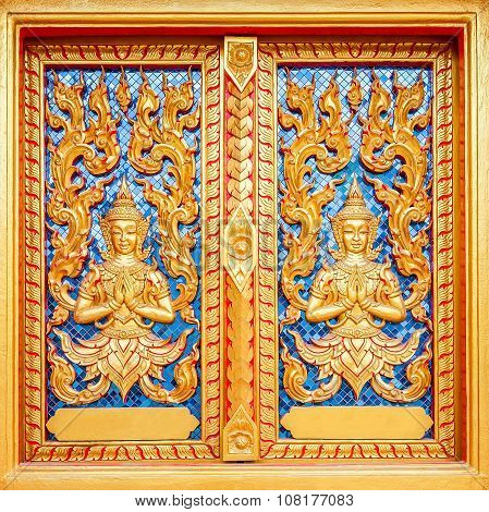 Golden Window In Temple. Thai Culture, Bangkok, Thailand