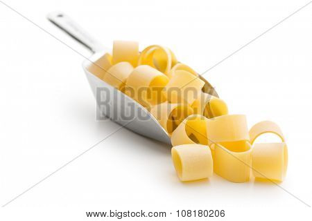 uncooked pasta calamarata in metal scoop on white background