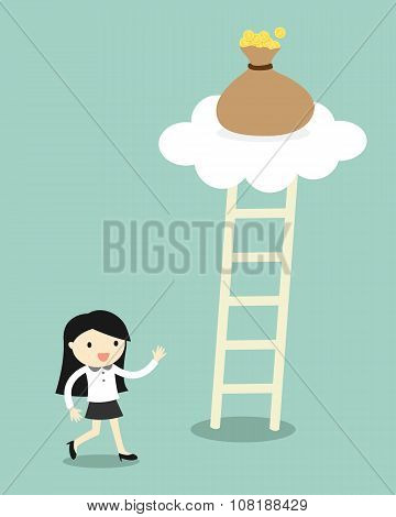 Business concept, Business woman going to climb the ladder for get a bag of money. Vector illustrati