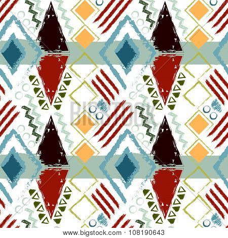 Hand Drawn Tribal Ethnic Colorful Seamless Pattern On White Background