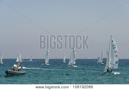 Haifa, Israel - October 16, 2015 : World Championship 2015, sailing schooners model 470, on October