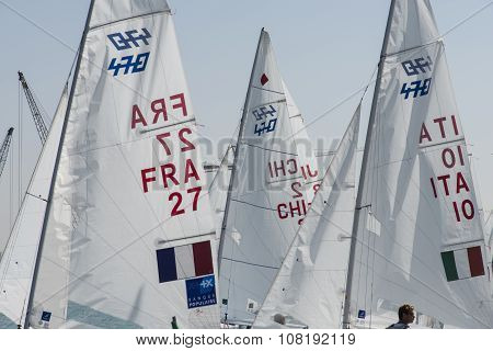 Haifa, Israel - October 16, 2015 : World Championship 2015, sailing schooners model 470, on October