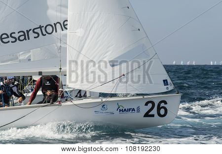 Haifa, Israel - October 16, 2015 : World Championship 2015, sailing schooners model 470, on October