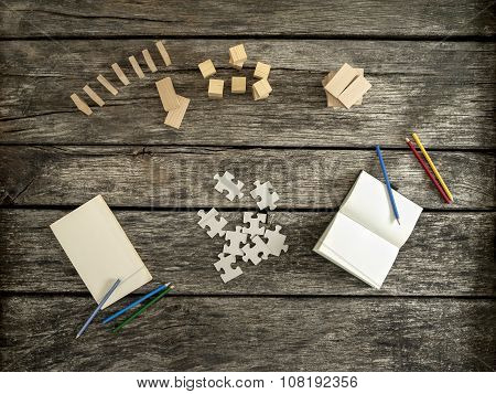 Top View Of Textured Wooden Desk Prepared For Work And Exploration
