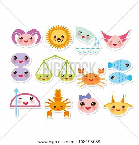 Funny Kawaii zodiac sign, astrological stiker set  virgo, aries, gemini, cancer, aquarius, taurus, l