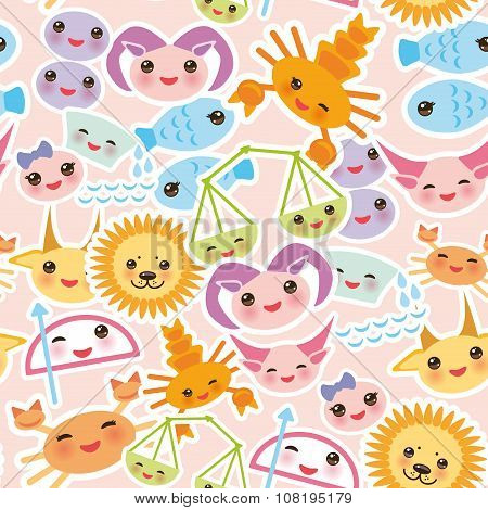 Seamless pattern Funny Kawaii zodiac sign, astrological stiker set  virgo, aries, gemini, cancer, aq
