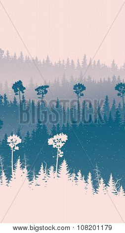 Vertical Illustration Of Snowy Forest Hills.