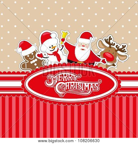 Vector Banner Merry Christmas Candy Box With Gingerbread Man, Snowman, Santa Claus In Red Hat And De
