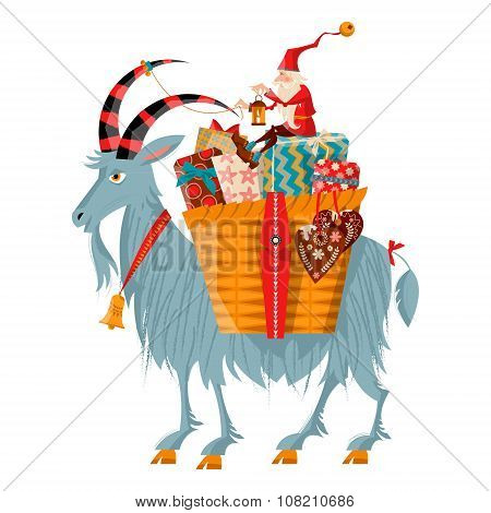 Scandinavian Christmas Tradition.christmas Gnome And Yule Goat With A Gift Basket.
