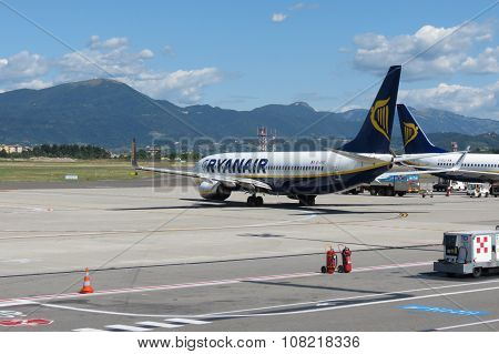 ORIO AL SERIO BERGAMO ITALY - CIRCA SEPTEMBER 2015: Ryanair aircraft Boeing 737-800 on the runway getting ready for take off