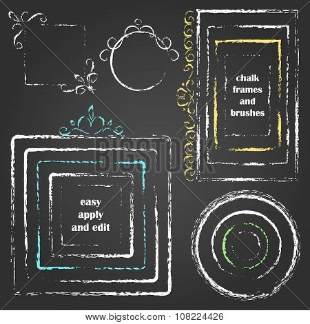 Set Of Vector Grungy Chalk Frames, Decor And Art Brushes.