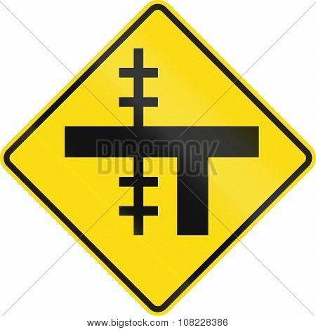 New Zealand Road Sign - Level Crossing On Uncontrolled T-junction On Left