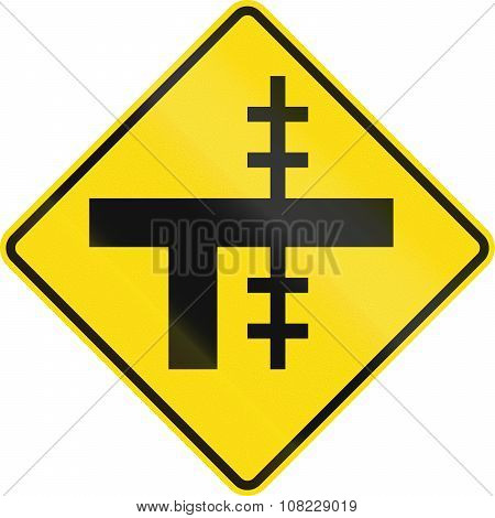 New Zealand Road Sign - Level Crossing On Uncontrolled T-junction On Right