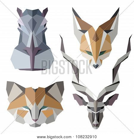 African animal icons, vector icon set. Abstract triangular style