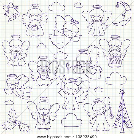 Set of vector Christmas angels and ornaments in doodle style (included xmas tree;  mistletoe; angels; bell;  pine; crescent, gift). Can be used for xmas or winter design