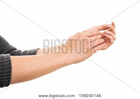 A close up shot of female hands clapping isolated on white background.