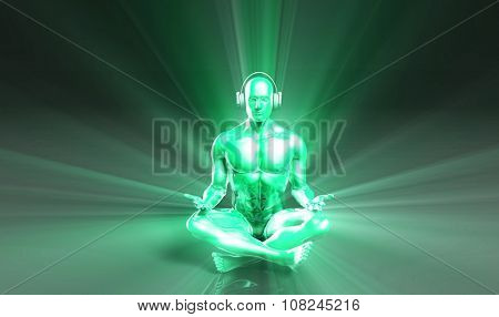 Man Listening to Music Meditating in Earphones 3d