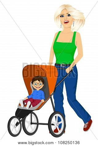 beautiful single mather pushing stroller