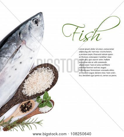 Raw fish, Bonito, with rice and spices isolated on white