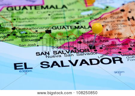 San Salvador pinned on a map of America