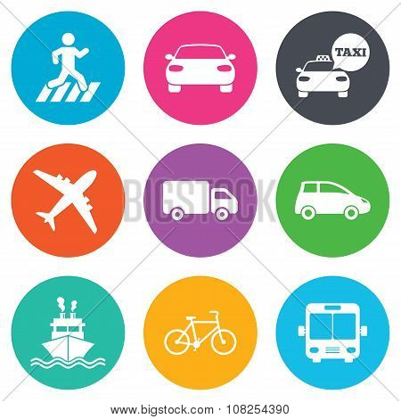 Transport icons. Car, bike, bus and taxi signs.