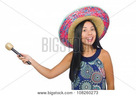 Young attractive woman wearing sombrero on white