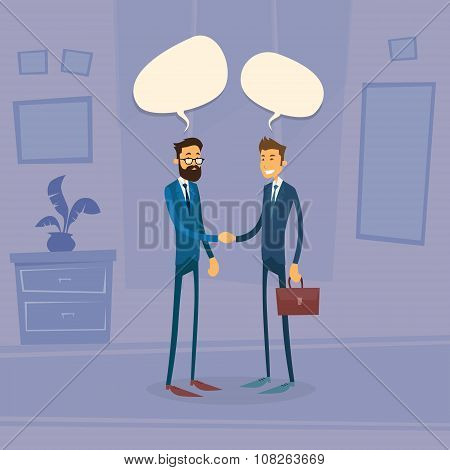 Two Businessman Hand Shake Talking Chat Box Bubble Communication
