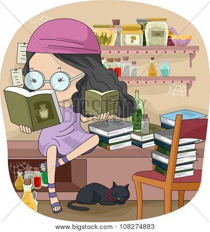 Illustration of a Little Girl Reading Witchcraft Books