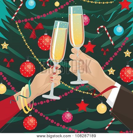 Couple Clink Glasses Near Christmas Tree Indoors