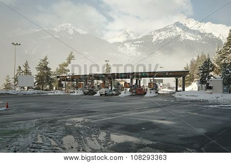 Paying gates at the entrance of Frejus Tunnel in the Alps