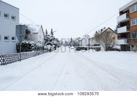 Snow-covered Residential Street Daily In Erlangen, Germany