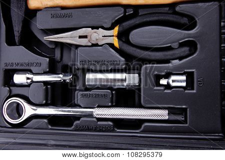 toolbox set of tools include hammer wrench bit driver pliers hex key bush level hex key
