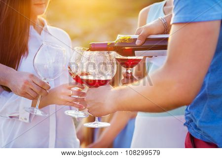 Group Of Happy Friends Having Red Wine On The Beach