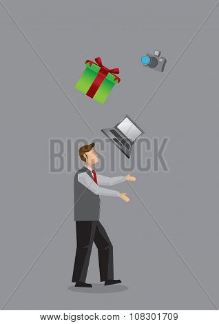 Modern Man Juggling Consumer Products Vector Illustration