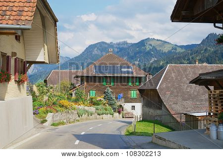 View to the typical countryside houses in Emmental, Switzerland.