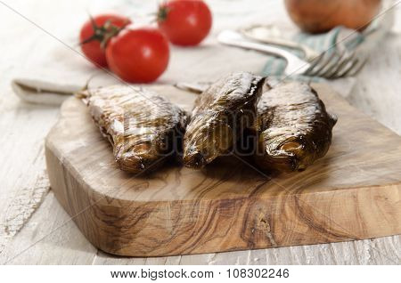 Smoked Vendace On Wooden Board