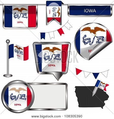Glossy Icons With Flag Of Iowa