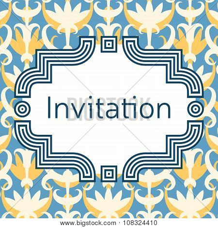 Invitation, Wedding Or Greeting Card Template. Elegant Frame Over Pattern Background Design