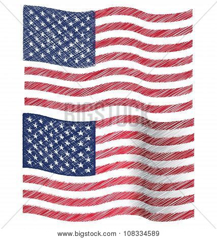 Waving Hand Draw Sketch Flag Of United State Of America