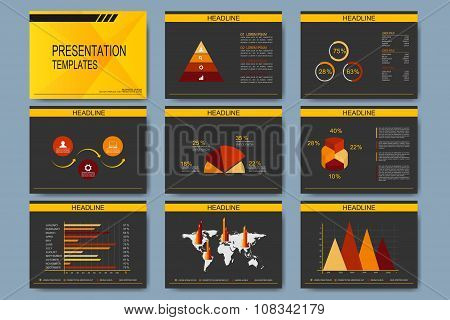 Set of vector templates for presentation slides. Modern business design with graph and charts
