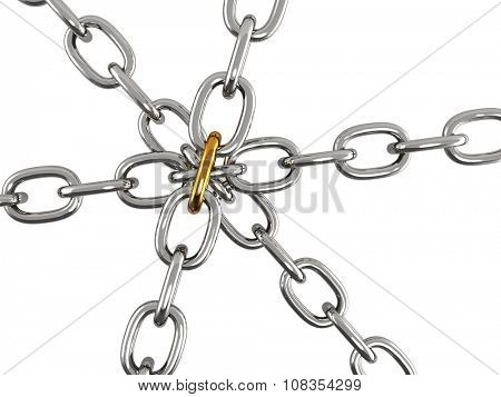 Six metal chains joined together golden link. Objects isolated on white background